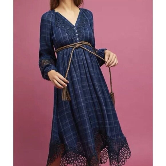 AKEMI + KIN ANTHROPOLOGIE Codie Kerchief DRESS Crochet Trim Blue Plaid Size - Picture 4 of 16